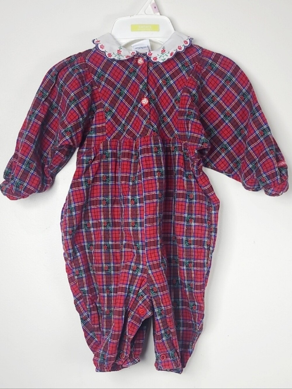 Vtg 80/90s Oshkosh B'Gosh Red Plaid Floral Long Sleeve Pant Romper Peter Pan 24M